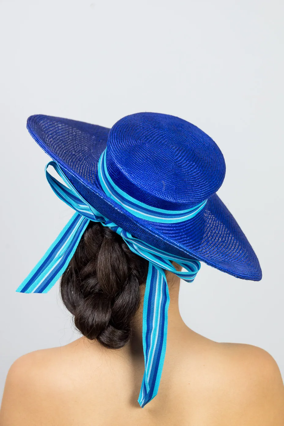 RACHAEL: Wide Brimmed Upturned Blue Boater
