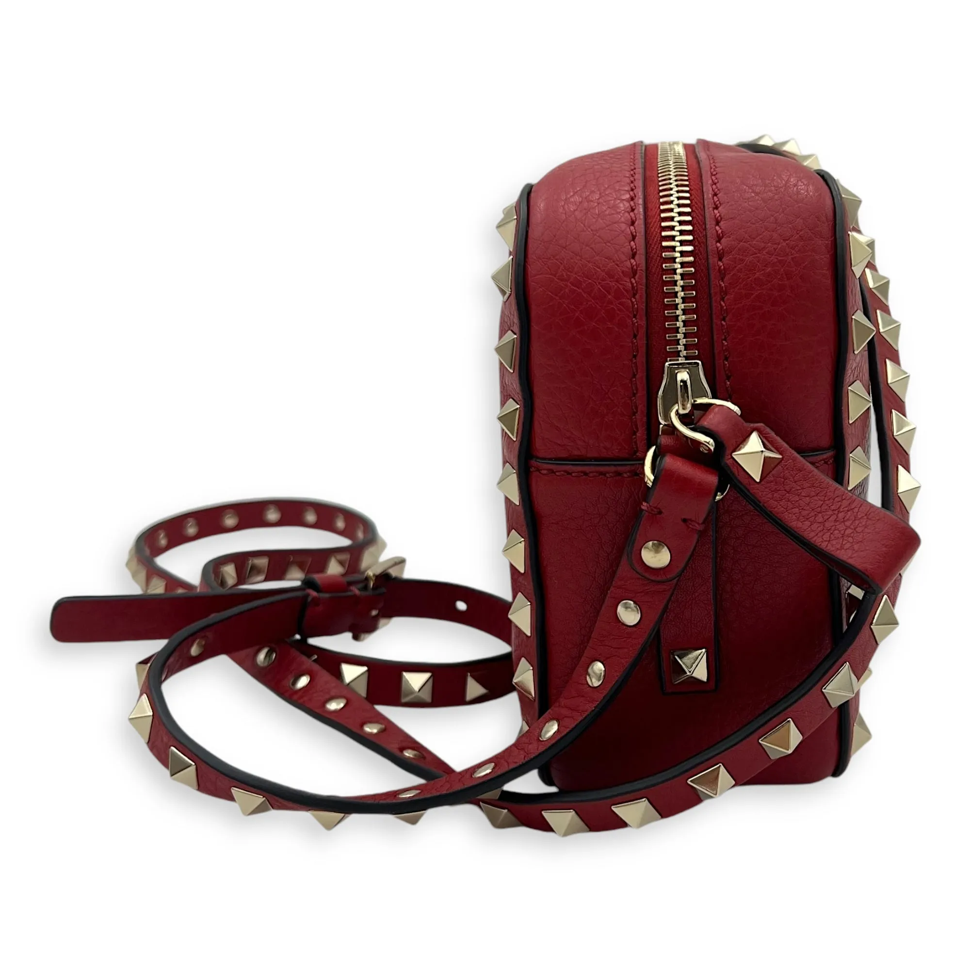 Rockstud Crossbody Bag Red in Calfskin, Silver hardware