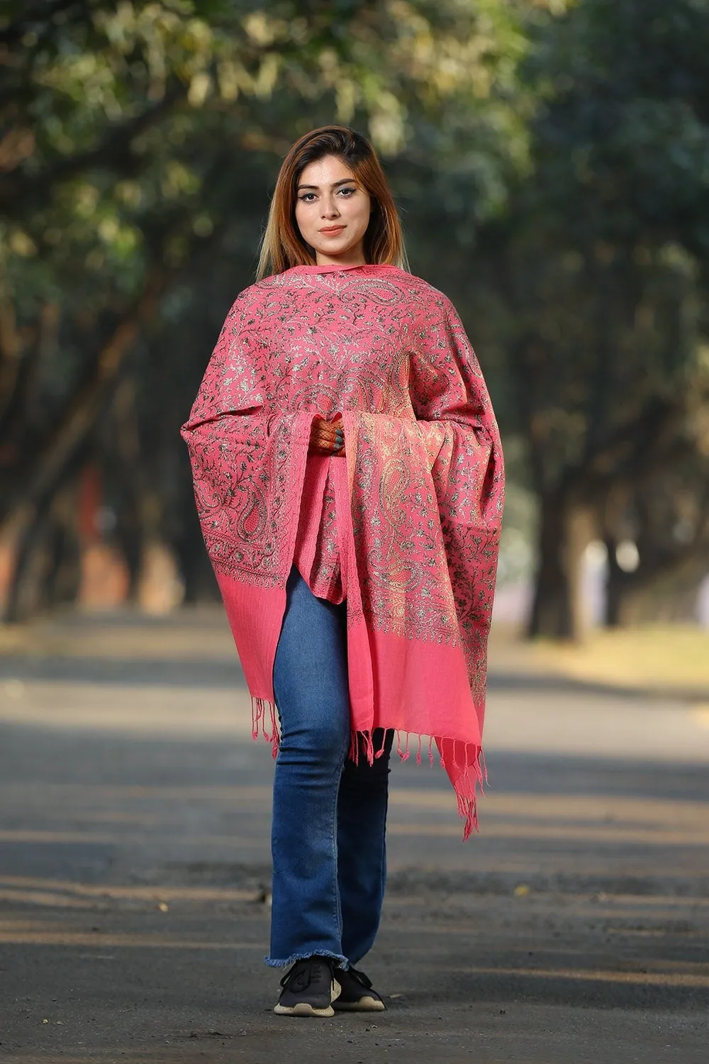 SALMON PINK COLOUR KASHMIRI STOLE WITH CLASSY SWAROVSKI WORK DEFINES FEMINISM AND ENHANCES SOPHISTICATION