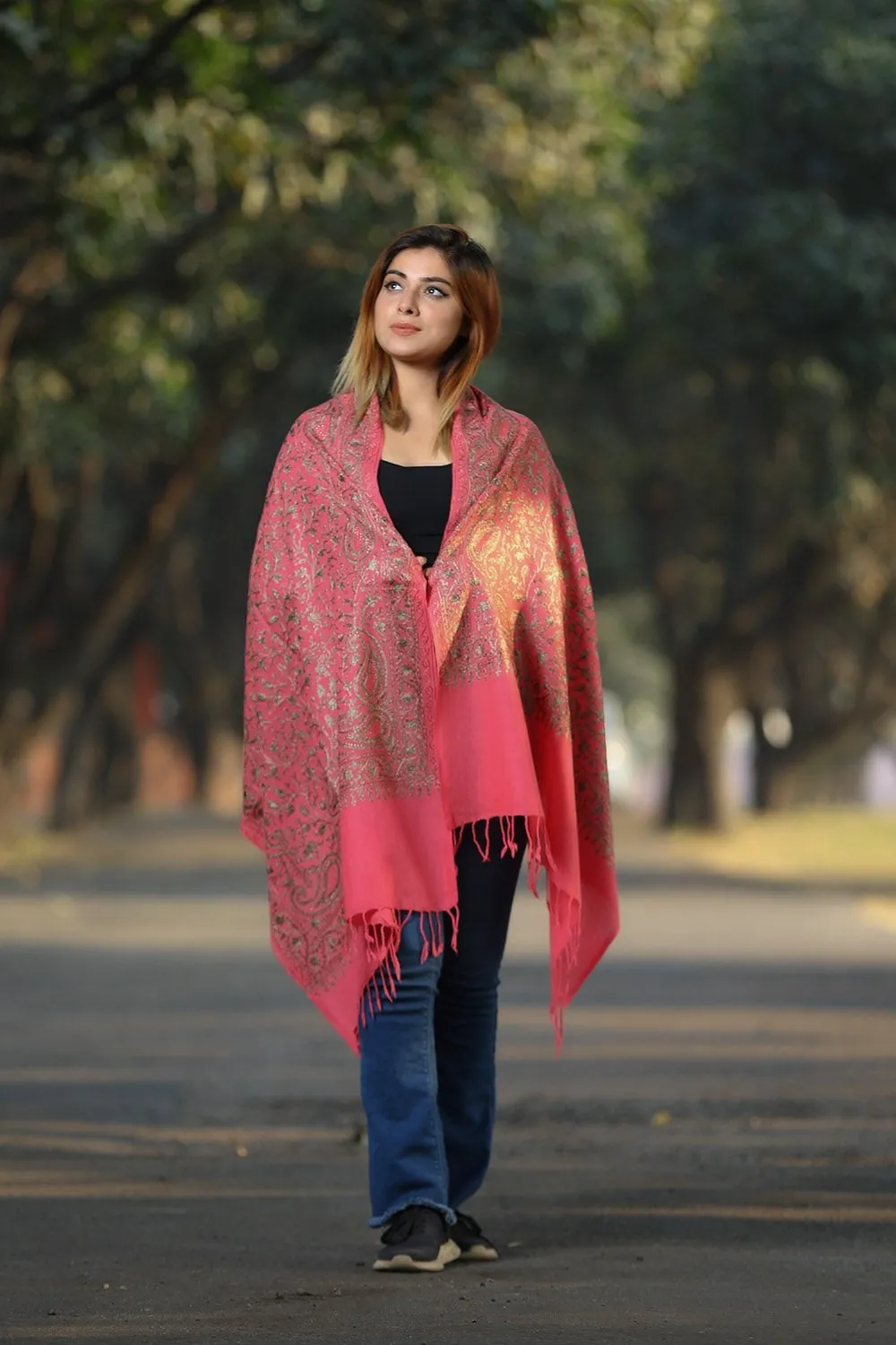 SALMON PINK COLOUR KASHMIRI STOLE WITH CLASSY SWAROVSKI WORK DEFINES FEMINISM AND ENHANCES SOPHISTICATION