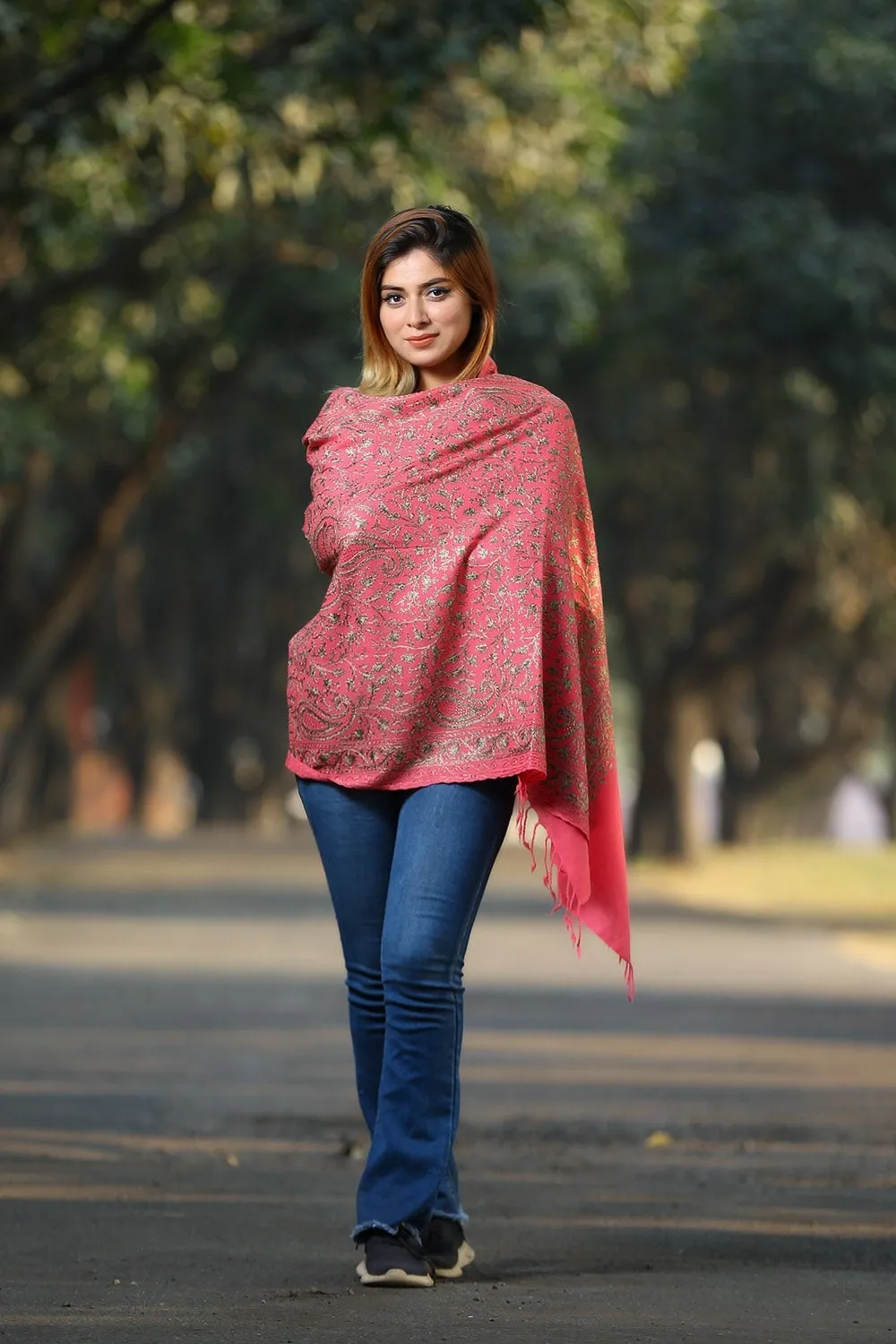 SALMON PINK COLOUR KASHMIRI STOLE WITH CLASSY SWAROVSKI WORK DEFINES FEMINISM AND ENHANCES SOPHISTICATION