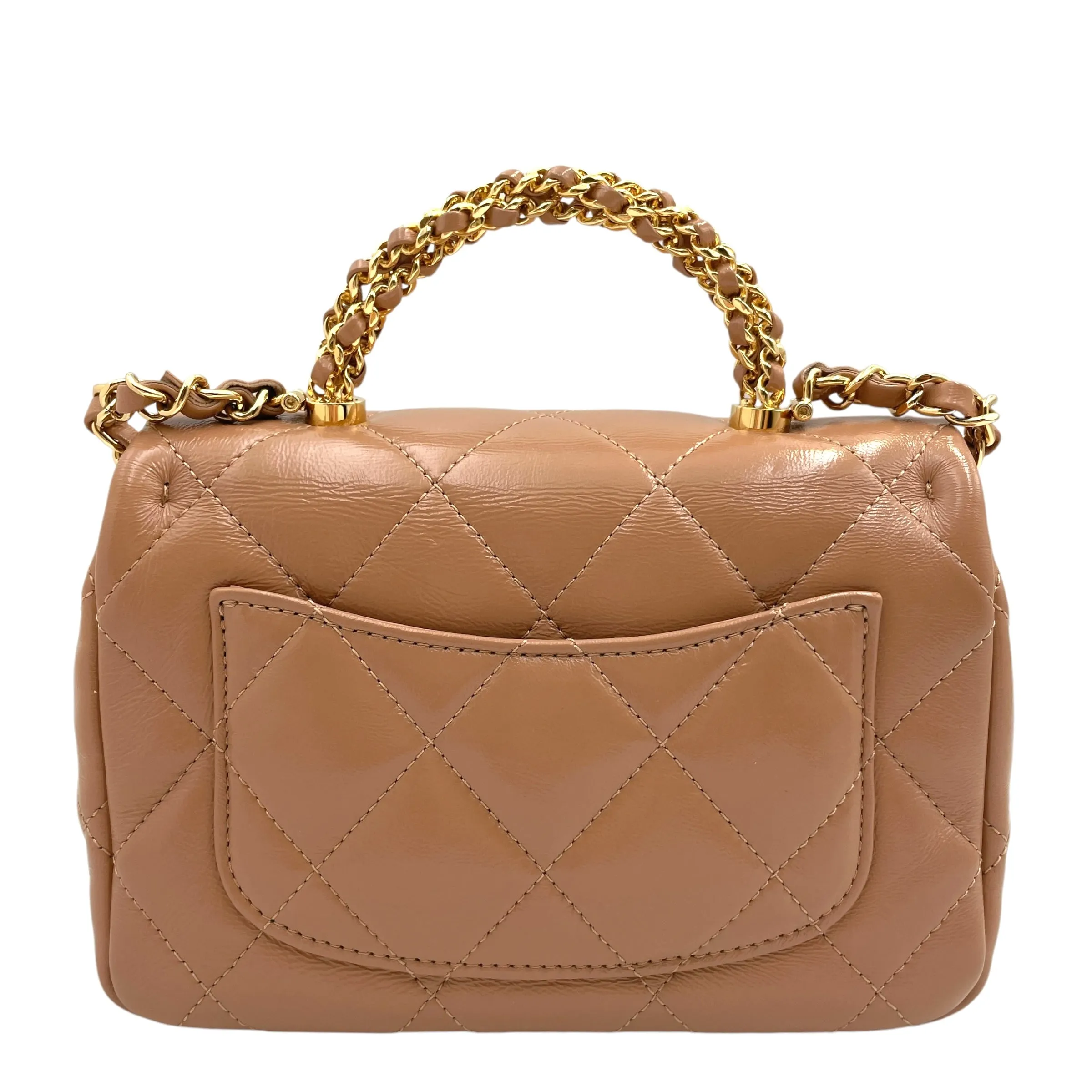 Seasonal Flap with Twist Top Handle 19x12x6.5cm Caramel Crossbody Bag in Glazed lambskin, Gold hardware