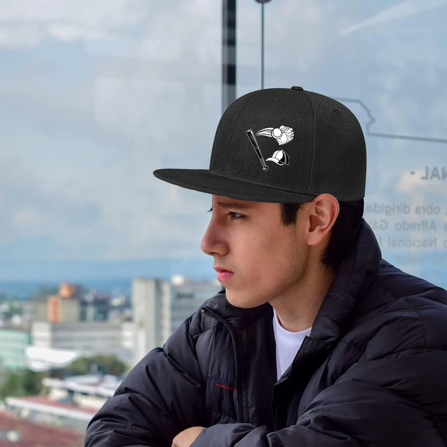 Skull Hat Flat Bill Hats for Men Boys Skeleton Cap USA American Flag Black Mens Snapback Hats Flat Brim Snap Backpack