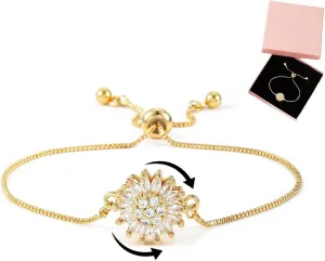 Spinning Sunflower Bracelet for Women 7"-9" Adjustable Flowers Rhinestone Fidget Bracelets for Tiny Wrist Sparkly Flower Anxiety Bracelet Cubic Zircon Sunflowers Mood Statement Bracelets Worry Relieving Jewelry Accessories