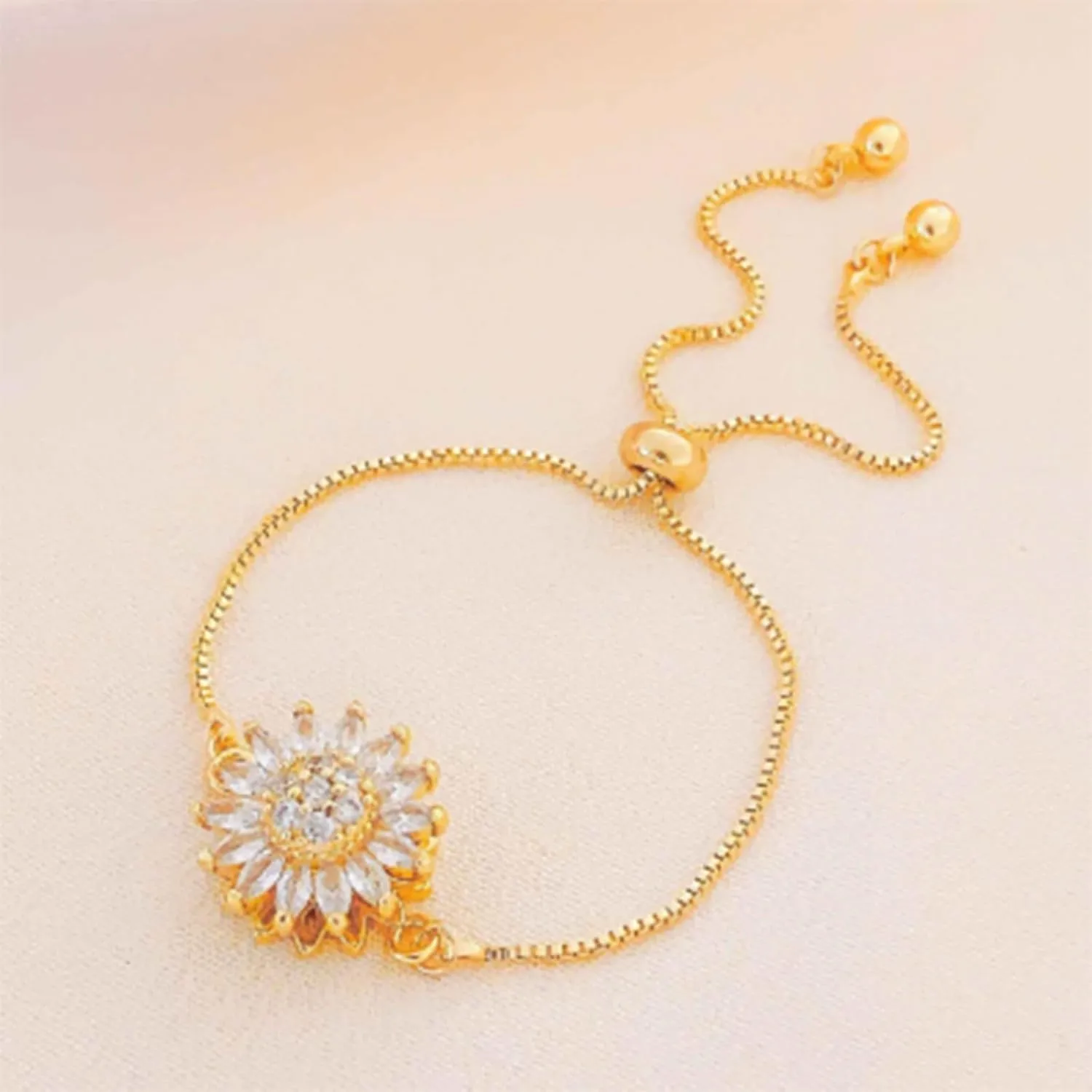 Spinning Sunflower Bracelet for Women 7"-9" Adjustable Flowers Rhinestone Fidget Bracelets for Tiny Wrist Sparkly Flower Anxiety Bracelet Cubic Zircon Sunflowers Mood Statement Bracelets Worry Relieving Jewelry Accessories