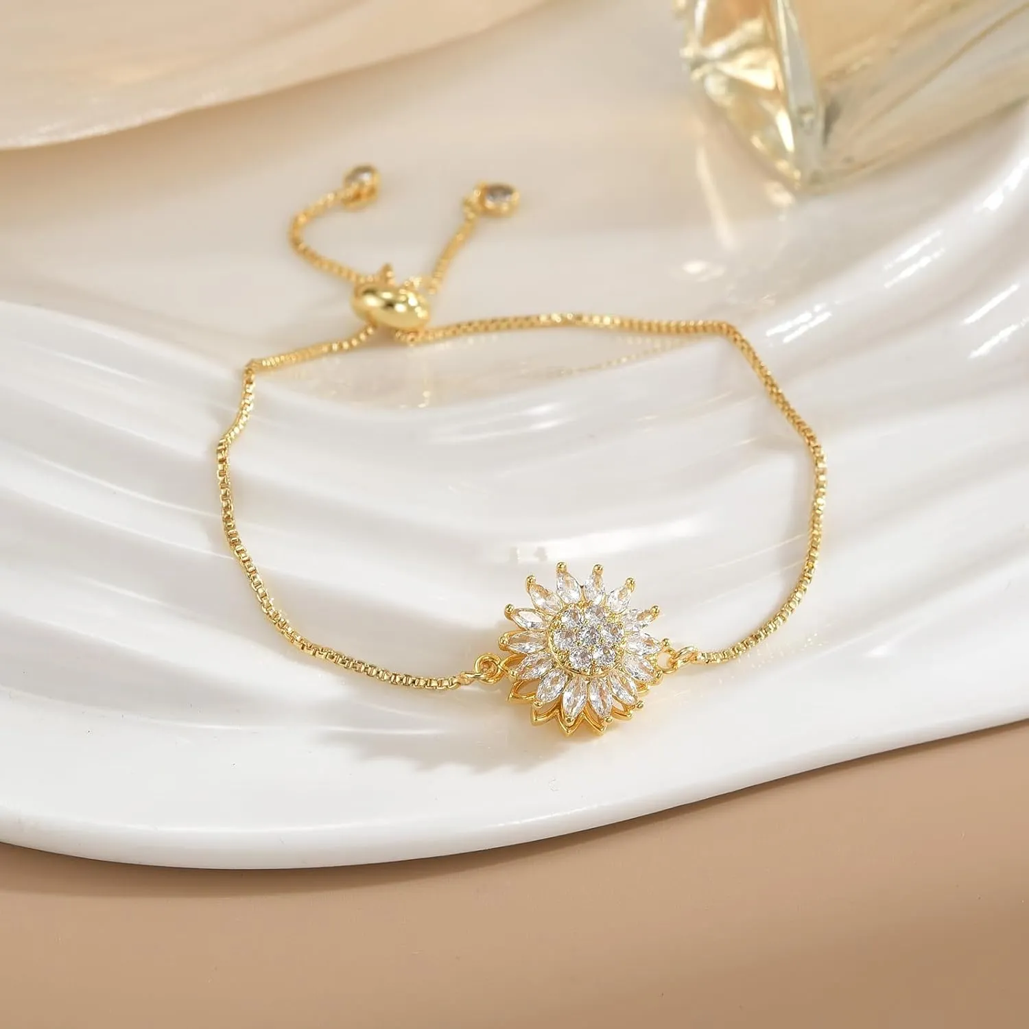 Spinning Sunflower Bracelet for Women 7"-9" Adjustable Flowers Rhinestone Fidget Bracelets for Tiny Wrist Sparkly Flower Anxiety Bracelet Cubic Zircon Sunflowers Mood Statement Bracelets Worry Relieving Jewelry Accessories