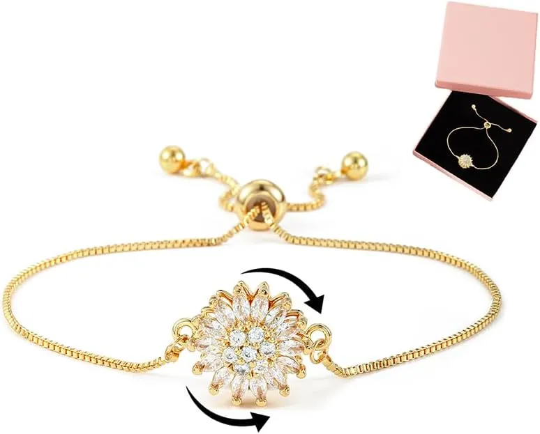 Spinning Sunflower Bracelet for Women 7"-9" Adjustable Flowers Rhinestone Fidget Bracelets for Tiny Wrist Sparkly Flower Anxiety Bracelet Cubic Zircon Sunflowers Mood Statement Bracelets Worry Relieving Jewelry Accessories