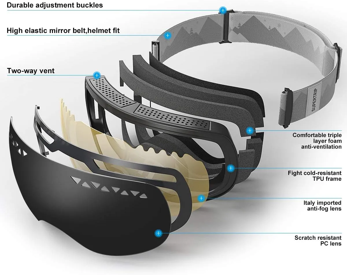 Supertrip Professional Ski Goggles for Men and Women Double Lens Anti-Fog Big Spherical Skiing Unisex Multicolor Snow Goggles