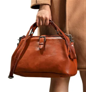 Tan Doctor Bag Leather Handbag Crossbody Purse For Women