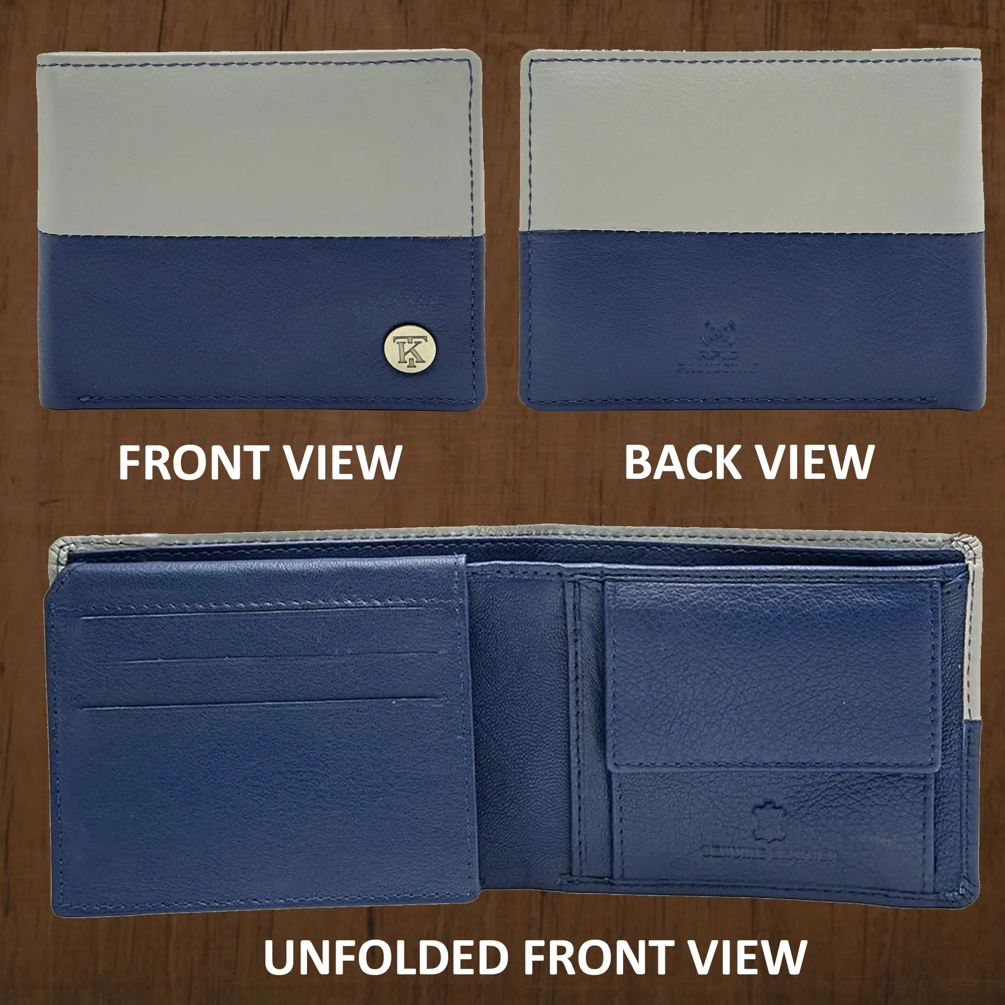 Teakwood Men's Genuine Leather Blue and Grey Bi Fold RFID Solid Wallet