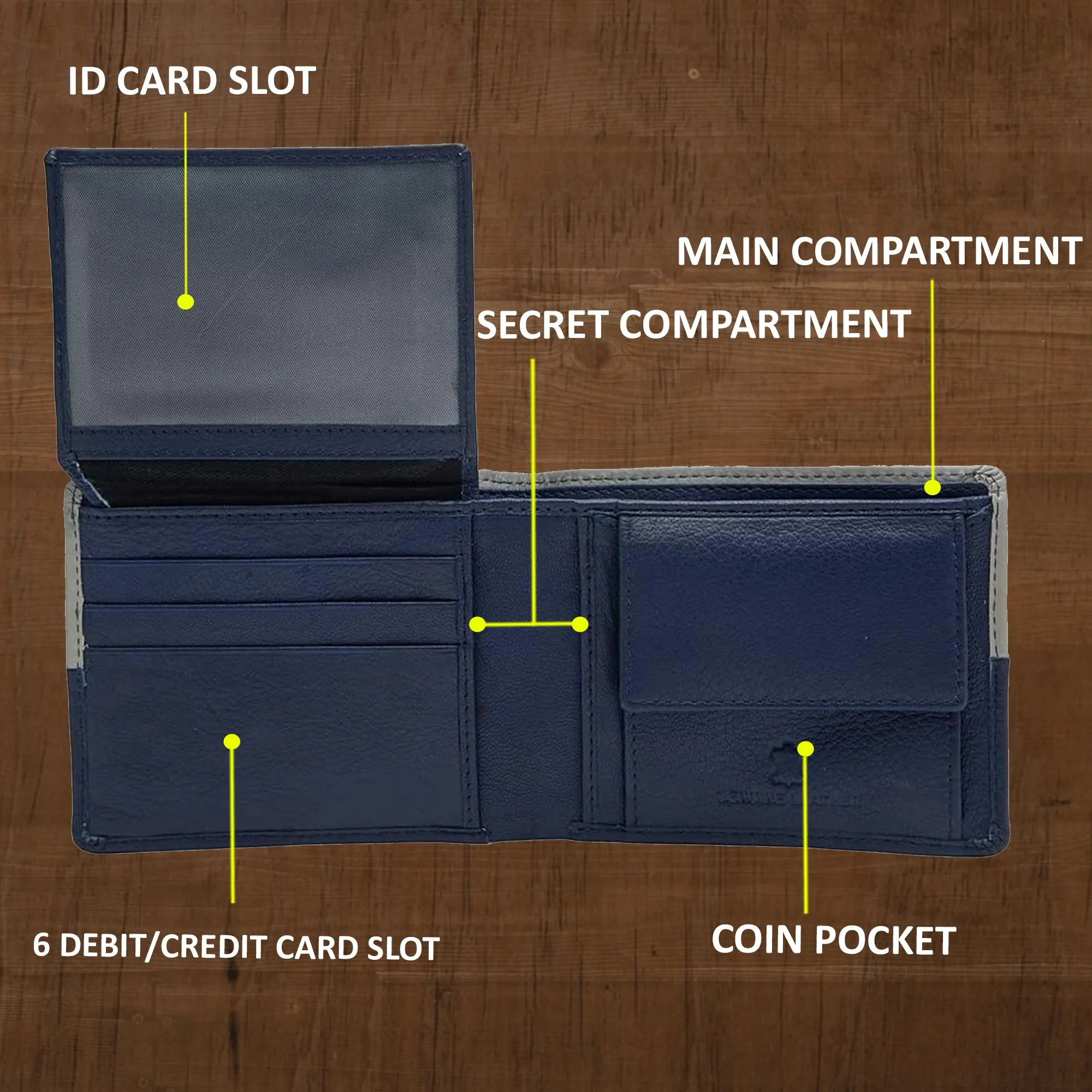 Teakwood Men's Genuine Leather Blue and Grey Bi Fold RFID Solid Wallet