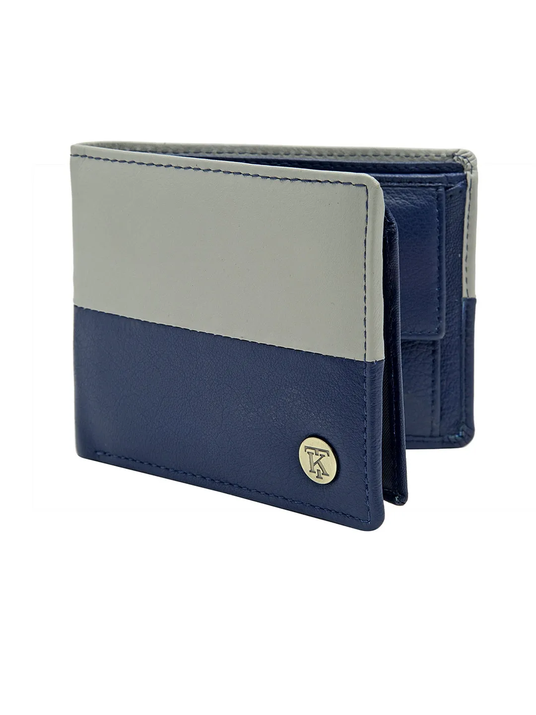 Teakwood Men's Genuine Leather Blue and Grey Bi Fold RFID Solid Wallet