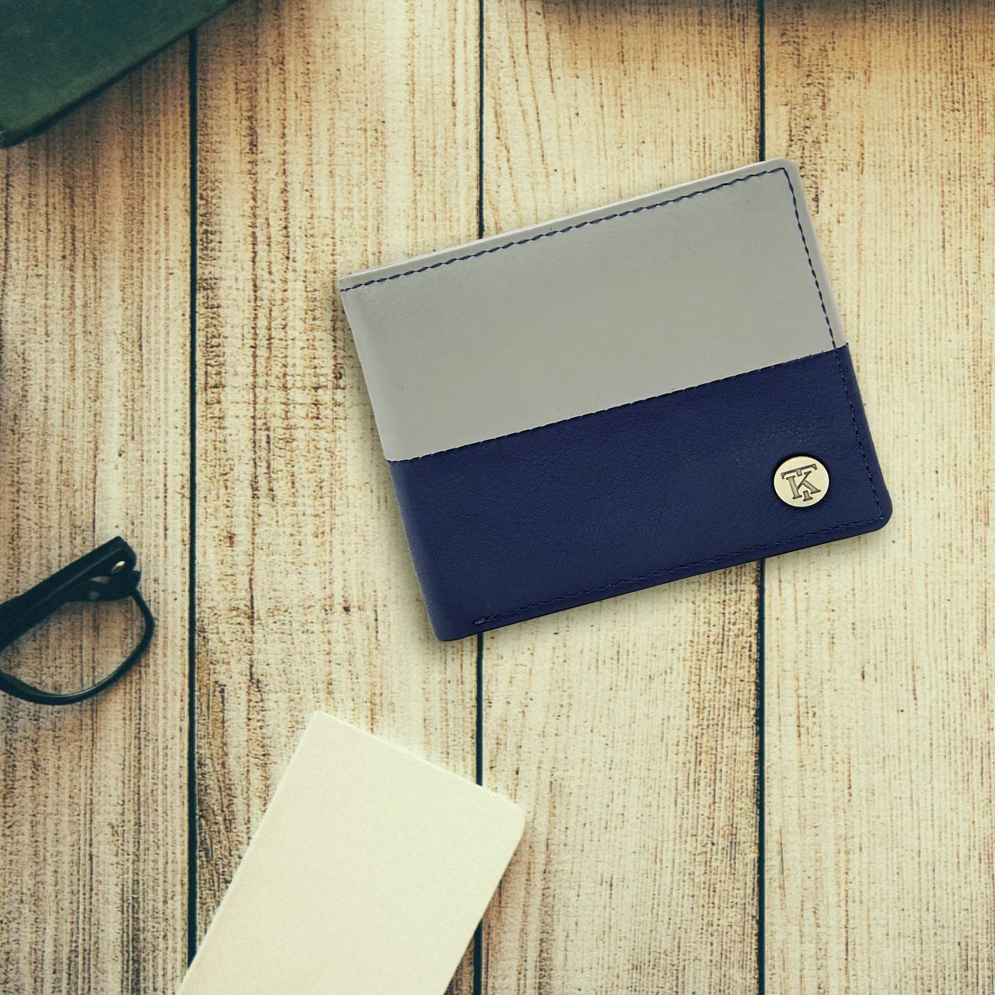 Teakwood Men's Genuine Leather Blue and Grey Bi Fold RFID Solid Wallet