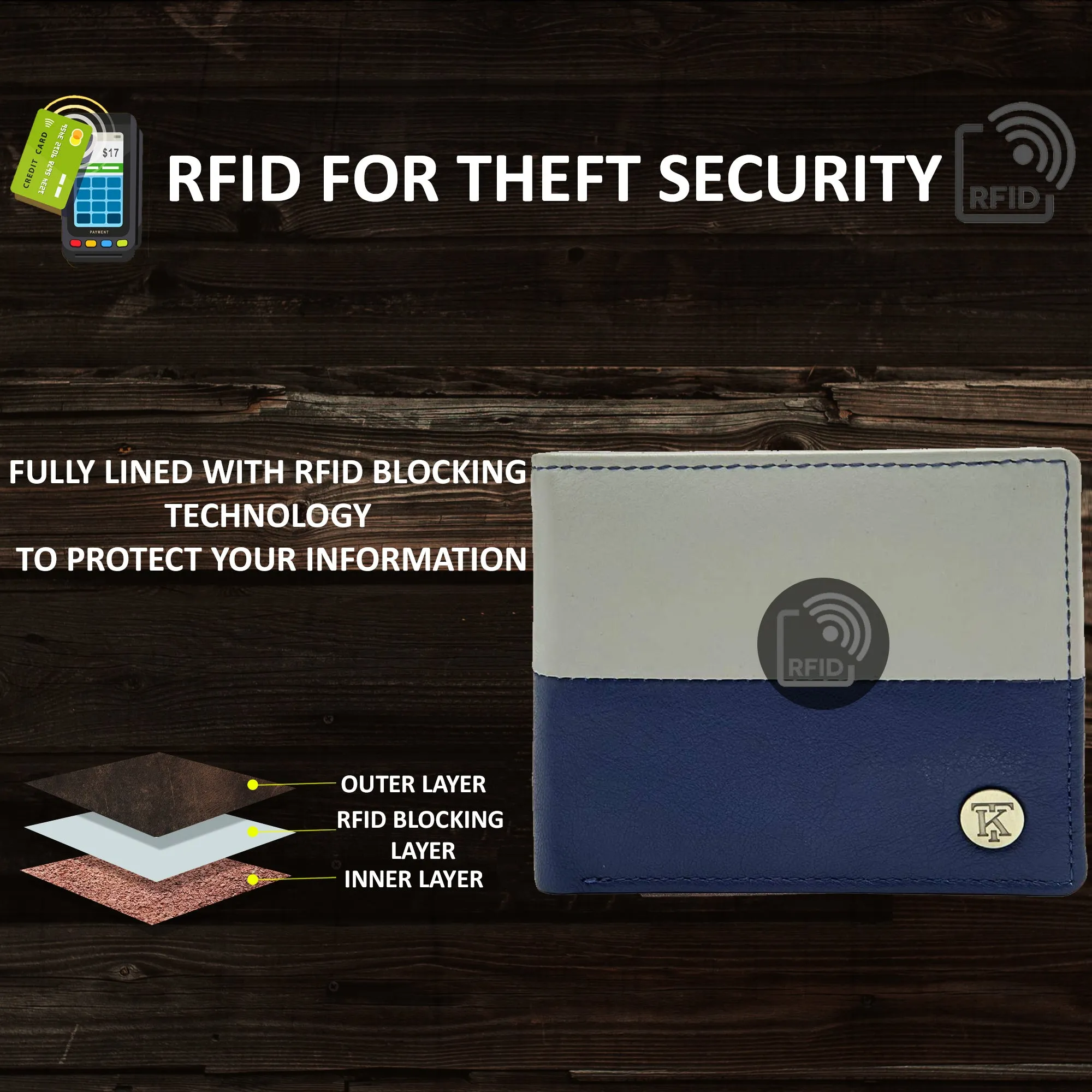 Teakwood Men's Genuine Leather Blue and Grey Bi Fold RFID Solid Wallet