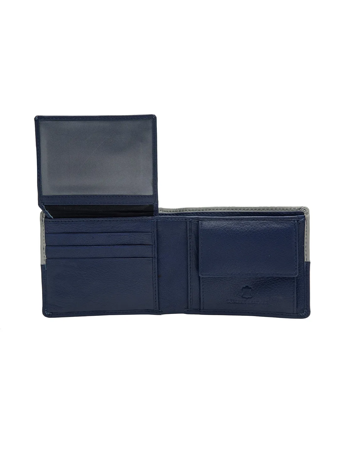 Teakwood Men's Genuine Leather Blue and Grey Bi Fold RFID Solid Wallet