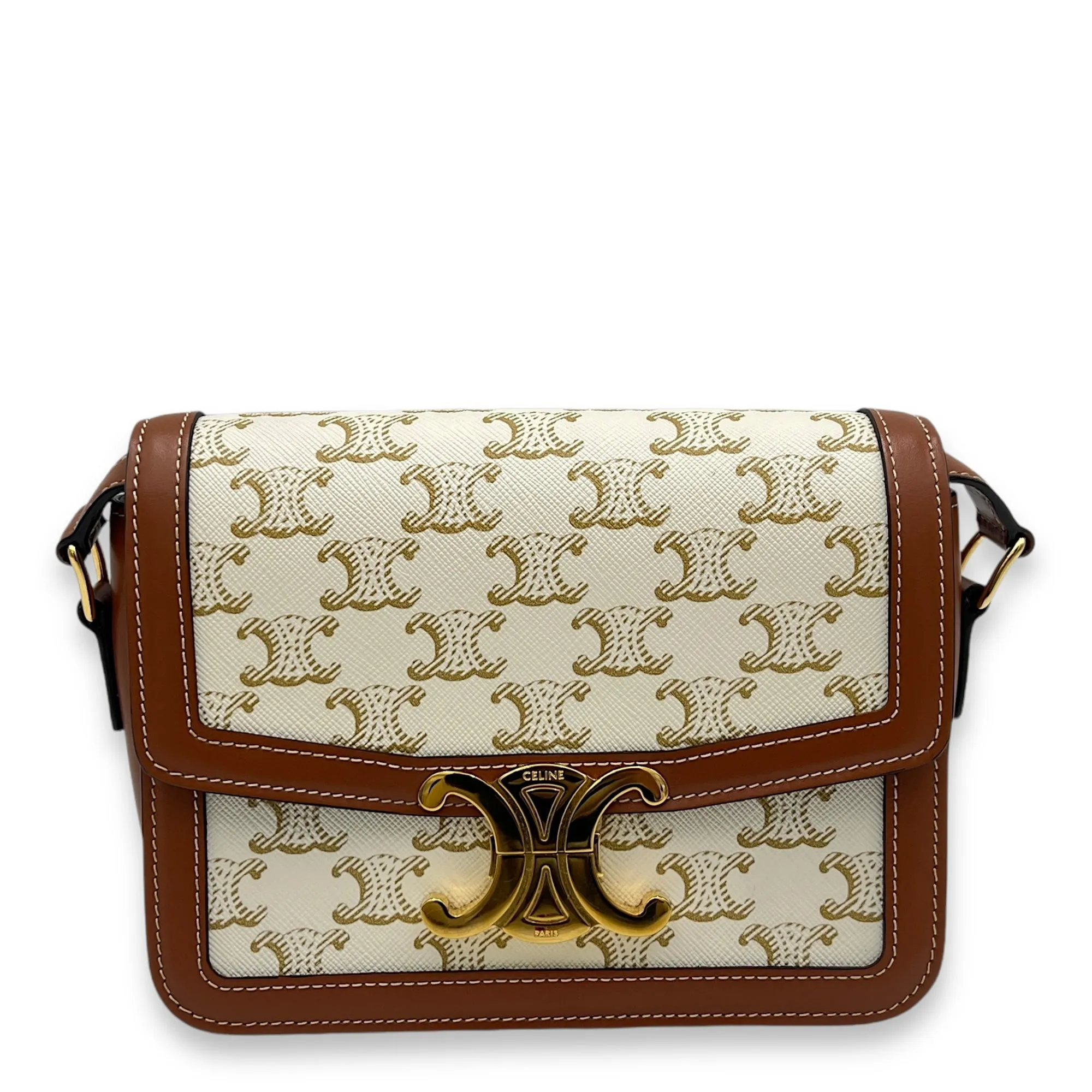 Triomphe Teen White Crossbody Bag in Coated Canvas, Gold hardware