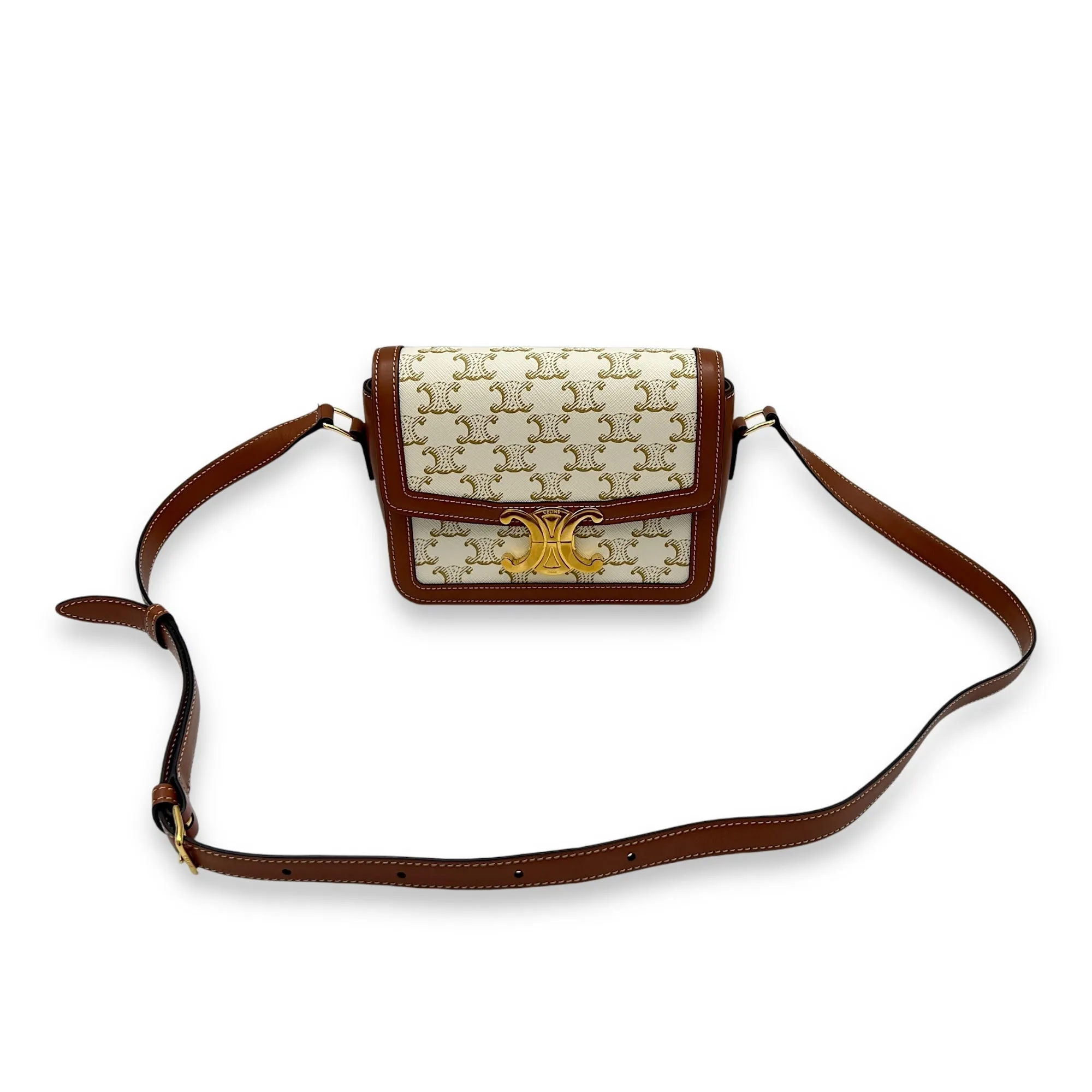 Triomphe Teen White Crossbody Bag in Coated Canvas, Gold hardware