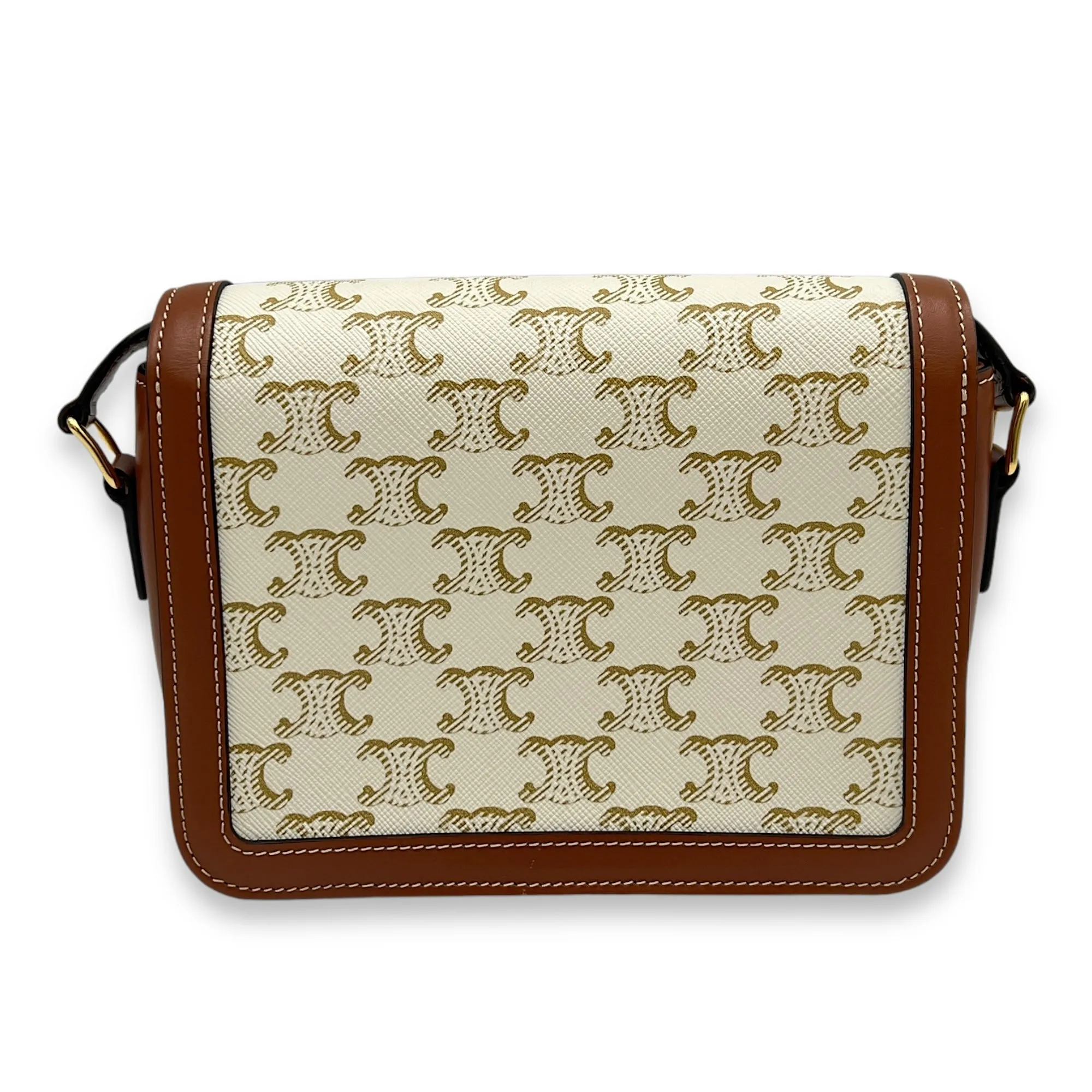 Triomphe Teen White Crossbody Bag in Coated Canvas, Gold hardware