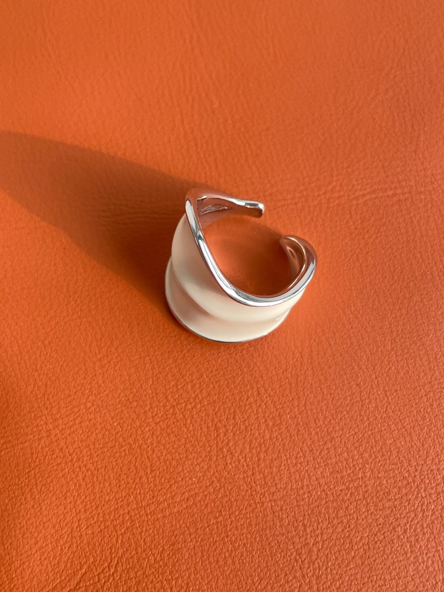 White Enamel Scroll Leaf Wide Open Ring
