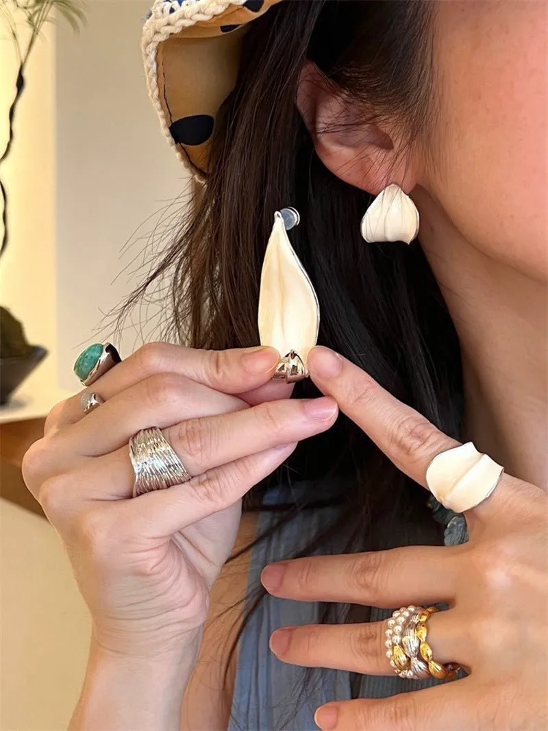 White Enamel Scroll Leaf Wide Open Ring