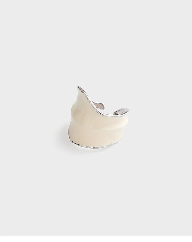 White Enamel Scroll Leaf Wide Open Ring
