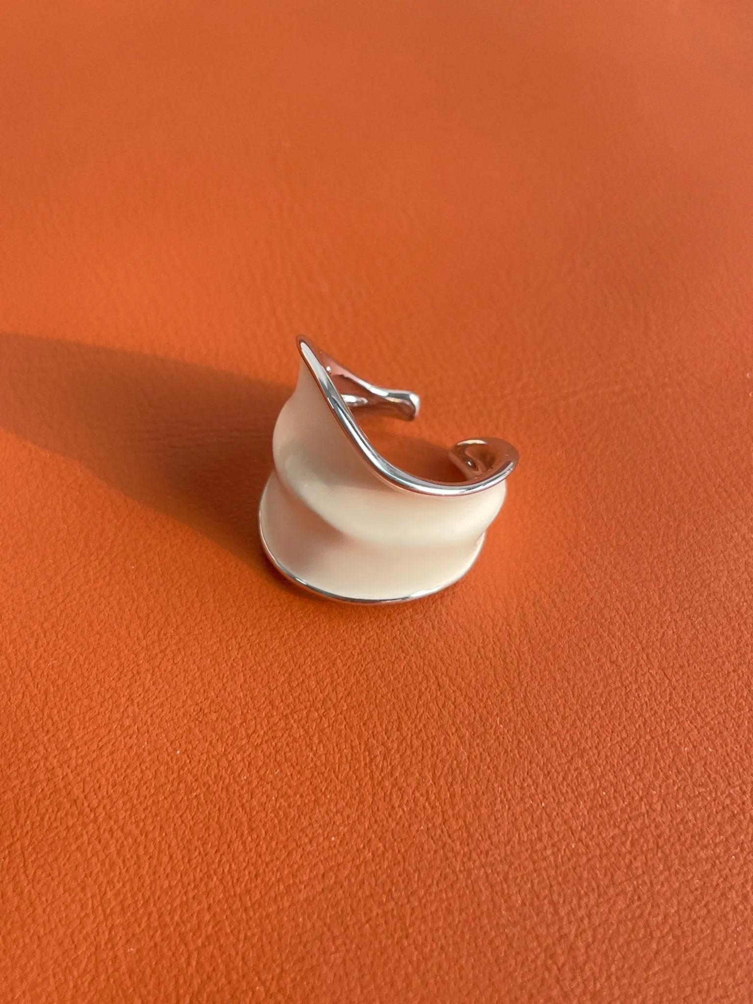 White Enamel Scroll Leaf Wide Open Ring