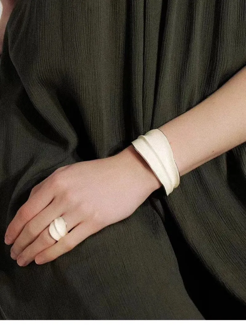 White Enamel Scroll Leaf Wide Open Ring