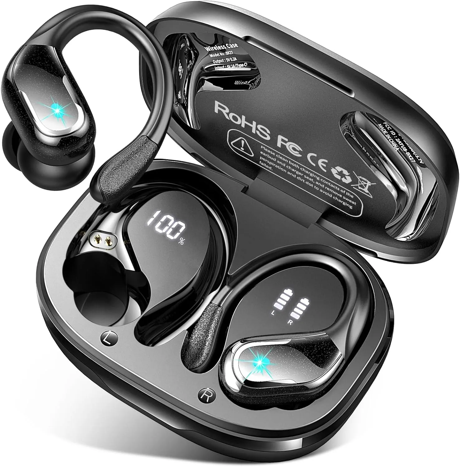 Wireless Earbud, 75Hrs Bluetooth 5.4 Headphones IP7 Waterproof for Sport, Running Wireless Earphones with ENC Noise Cancelling Mics, Deep Bass Over Ear bud with Earhooks for Android, iOS, Workout, Gym